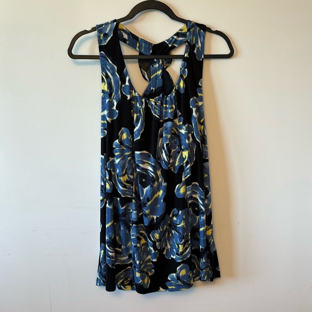 Alfani Black Floral Tank Top with Blue and Yellow Accents